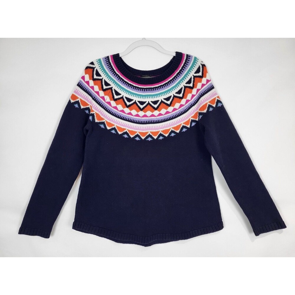 Talbots Fair Isle Sweater Womens Large Crewneck Blue Cotton Blend